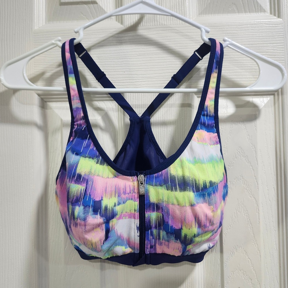 Victoria's Secret VSX Sport Front Zip Underwire Sports Bra 34B Blue Multi Color